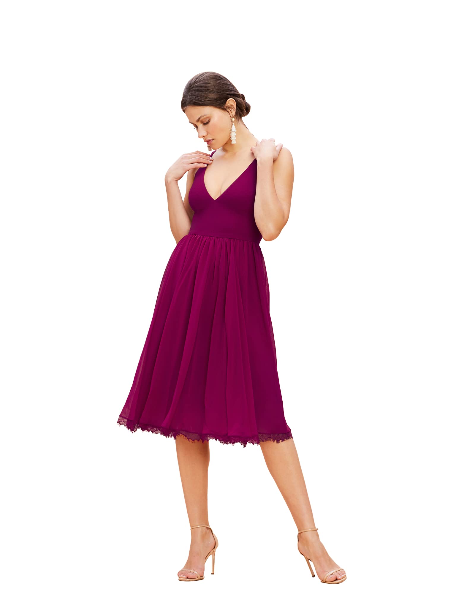 Photo 1 of Dress the Population Womens Sleeveless Plunging Fit and Flare Midi Dress, Dark Magenta, Medium US