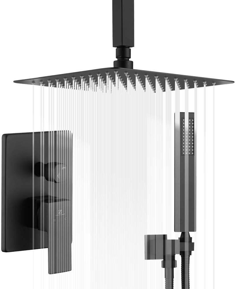 HOMELODY Ceiling Shower Head System, Matte Black Shower Faucet Rough-in Valve Body with Rain Shower Head and Handheld Shower Head Combo - - 