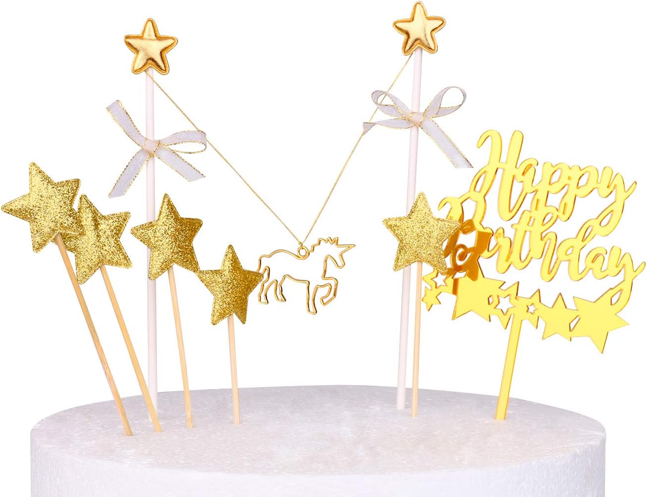 Unicorn Cake Topper Banner, RESTARDS Gold Acrylic Happy Birthday Cake Topper Glitter Stars Cupcake Toppers Set for Birthday Party Decorations Supplies