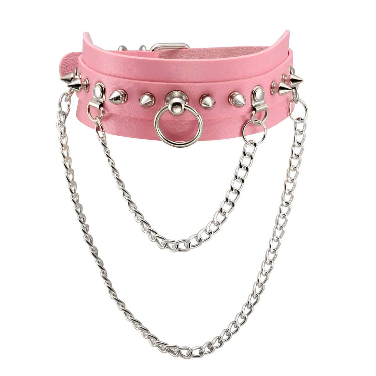 Eigso O-Rings Chains PU Leather Pink Punk Necklace Collar Choker Gothic Style for Women Adjustable