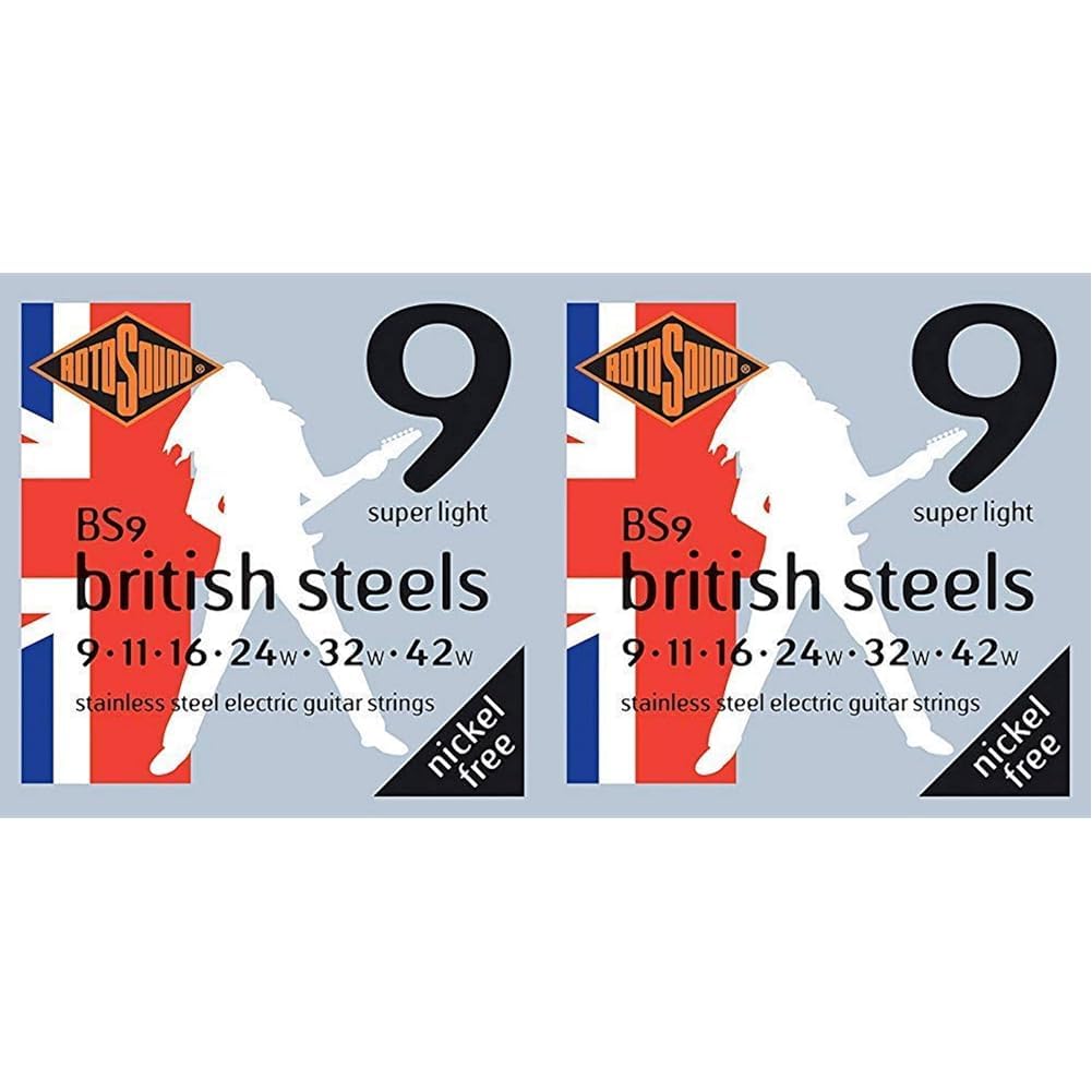 Rotosound BS9 Stainless Steel Super Light Gauge Electric Guitar Strings (9 11 16 24 32 42), White Black Red Blue (Pack of 2)