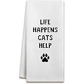 BJJRMM Funny Cat Kitchen Dish Towels, Cat Lovers Mom Lady Gifts, Life Happens Cats Help Decorative Hand Tea Towels for Bathroom Kitchen, 16x24 Inches