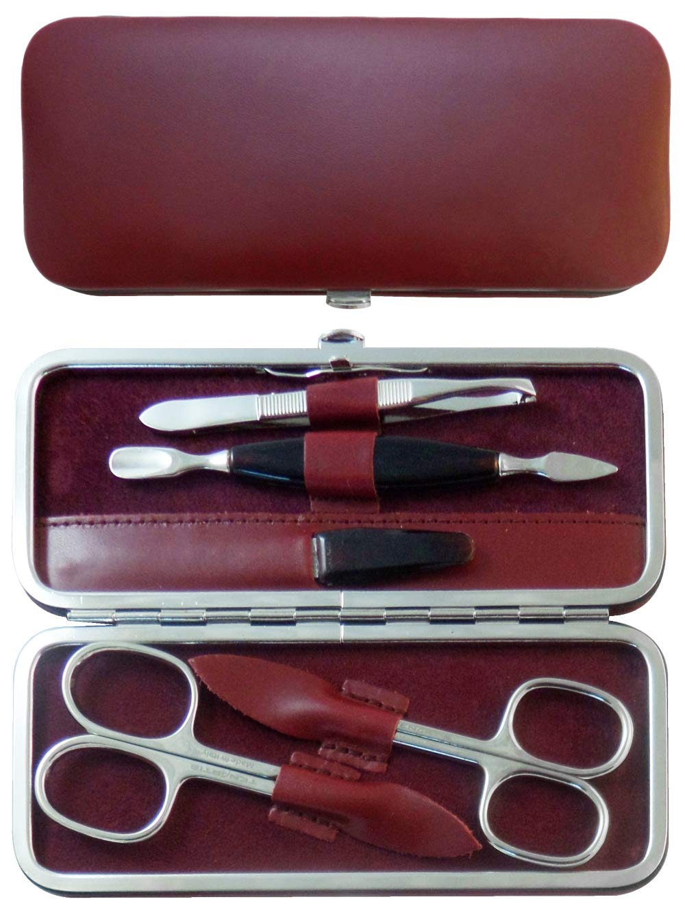 Tenartis 326 5-Piece Burgundy Nappa Genuine Leather Manicure Set - Made in Italy