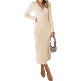 RAISECOM Womens Ribbed Knit Maxi Dresses Long Sleeve V Neck Casual Sweater Dress Bodycon Midi Dress
