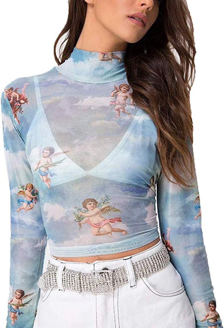 Women See Through Mesh Crop Top Sheer Sexy Long Sleeve Cupid Blouse High Neck Angel Print T-Shirt Clubwear Tops