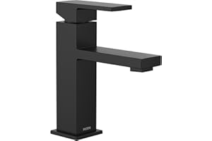Moen Revyl Matte Black One-Handle Single Hole Modern Bathroom Sink Faucet with Optional Deckplate and Spring Loaded Drain Assembly, 84771BL