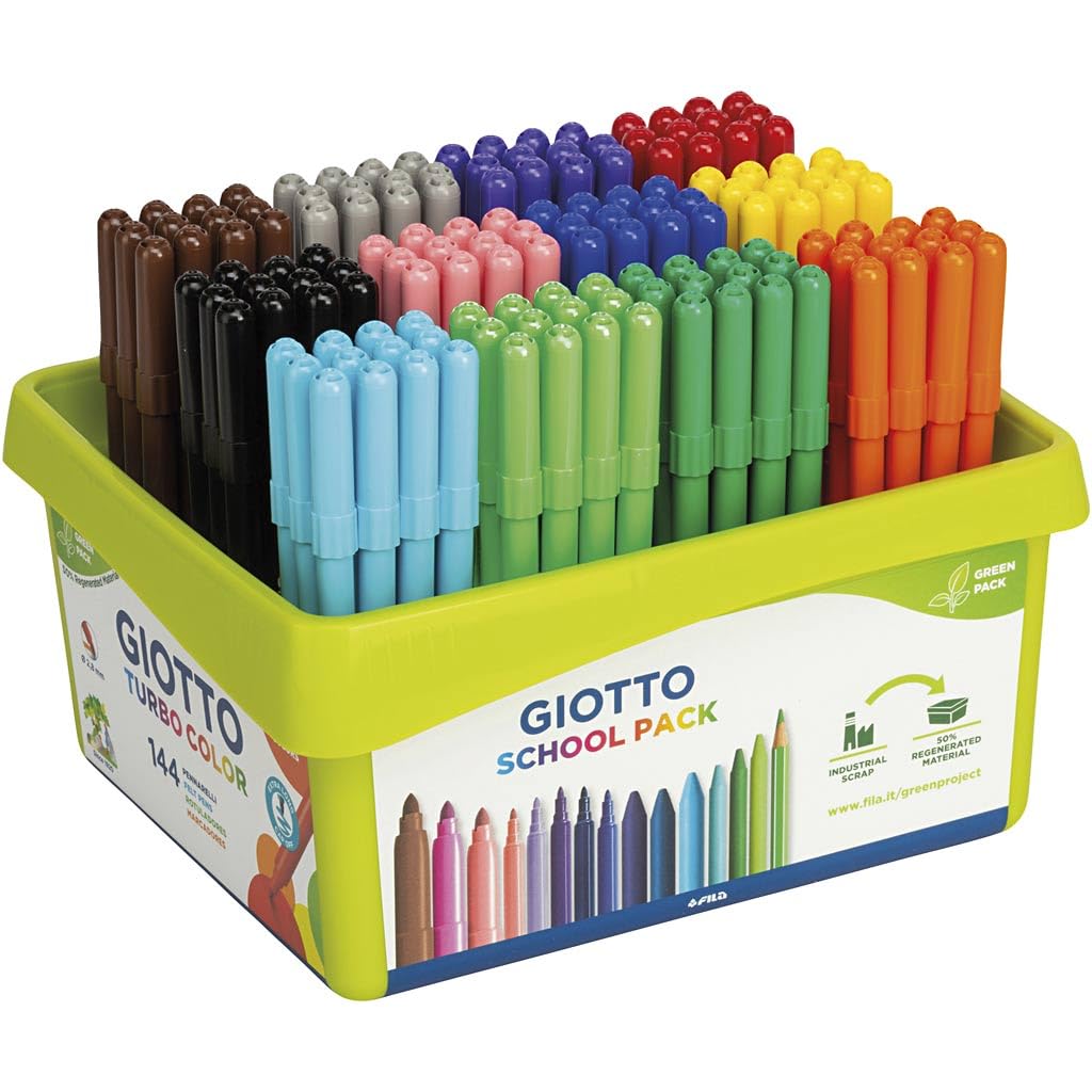 GIOTTO Turbocolor Felt Tip Fibre Pens, Fine Tip Nib 2.8mm, Schoolpack, 144 x Assorted Colours, For Children, Parties and Schools