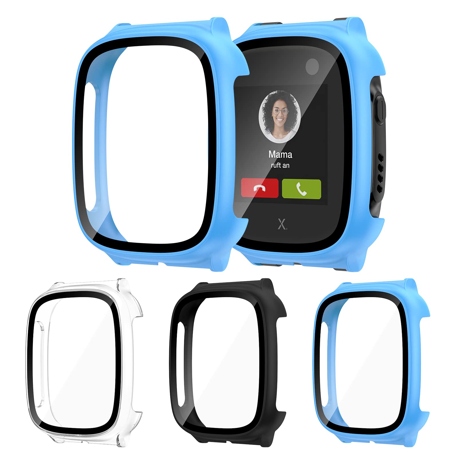 [3Pack] Kamita Case compatible for Xplora X5 Play with 9H Tempered Glass Screen Protector, Hard PC Full Coverage Protective Cover Ultra-Thin Bumper Case for X5 Play Kids Smartwatch (Clear+Black+Blue)