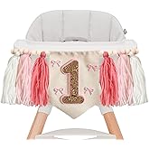 Pink Bow First Birthday High Chair Banner for Baby Girl Wood Bead Tassel Garland 1st Birthday Party Decorations One Highchair Banner Cake Smash Photo Prop