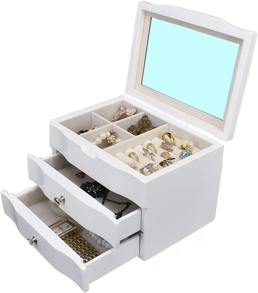 HAIZI Three-Storey Jewelry Box Retro Solid Wood Continental Princess With Mirror Makeup Box Large Capacity Wedding Rings Jewelry Storage Box Drawer Type , elegant white