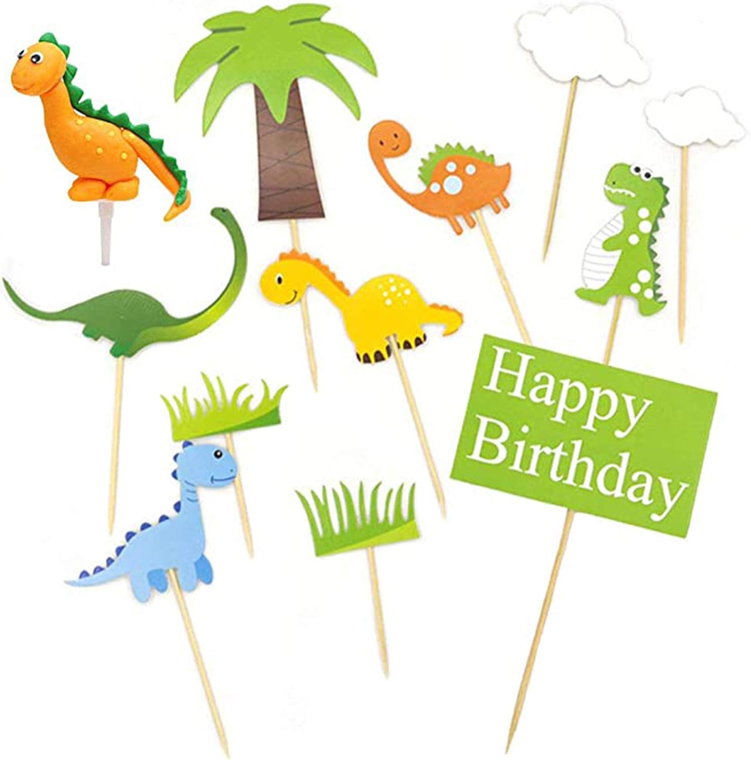 10 Pieces Dinosaur Cupcake Toppers, Dinosaur Party Supplies, Cake Toppers Zoo, Dinosaurs, Tree, Grass and Clouds