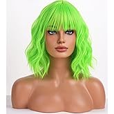 BERON Neon Green Wig for Women Short Curly Wig with Bangs Girls Bright Green Coloredl Wavy Hair Wigs 12'' Women's Synthetic Wigs Daily or Cosplay Use