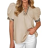 Tankaneo Womens Puff Sleeve Tops Summer Leopard V Neck Color Block Blouse Dressy Casual Loose Fit T-Shirts