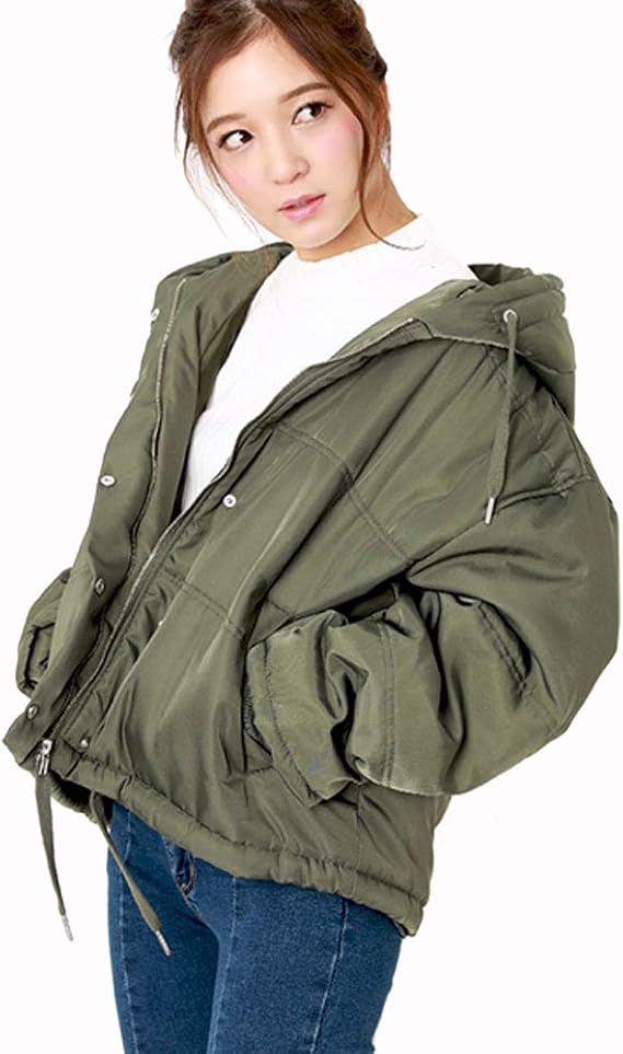 Amazon フード付きダウンジャケット Euphoric レディース カーキ フリーサイズ ショート丈 中綿 防寒 リブ袖 コート ジャケット 通販