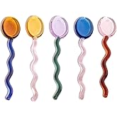 5 Pieces Glass Spoons, Creative Colorful Glass Dessert Spoon Colored Transparent Coffee Milk Curved Handle Stirring Teaspoon for Home Bar Party (Round)