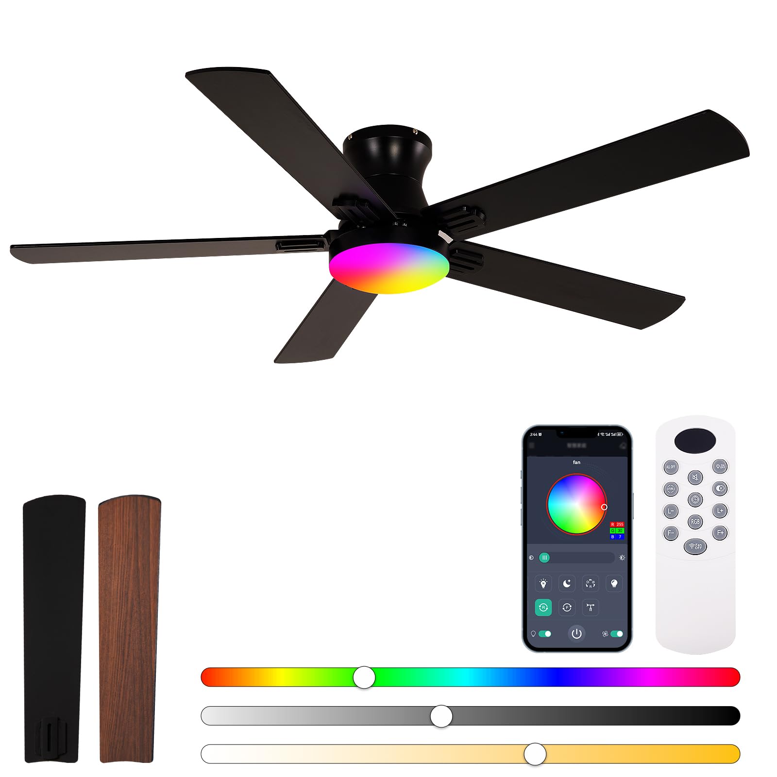 Photo 1 of Teracfan Ceiling Fans with Lights 52 inch,Flush Mount Low Profile,Smart Remote & App,RGB LED,Dimmable 3CCT,6-Speed Reversible,Sleek Ceiling Fan for Bedroom Living Room Apartment Nursery,Black