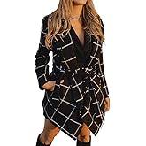 CHICWISH Women Turn Down Shawl Collar Open Front Black Grid Asymmetric Hemline Wool Blend Coat, Size XXXL