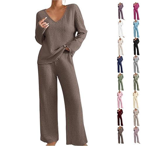 Lounge Wear Sets for Women UK 2 Piece Outfits Ribbed Pyjamas ladies tracksuit Full set V-Neck Long Sleeve Tops and Wide Leg Pants