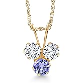 Gem Stone King 14K Yellow Gold White Lab Grown Diamond and Blue Tanzanite 3-Stone Pendant Necklace For Women (0.35 Cttw, Gemstone April Birthstone, Round 3MM, 18 Inch Chain)