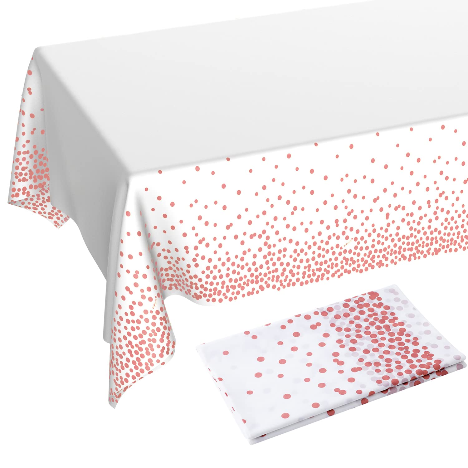 Duocute 2 Pack Rose Gold and White Party Tablecloth for Rectangle Table, Rose Gold Dot Confetti Rectangular Table Cover for Birthday, Bachelorette, Girl Weddings, Picnic, 108"x54"