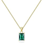 Baguette CZ Pendant Necklace | 14K Gold Plated Sterling Silver | Emerald Baguette Pendant Dainty Box Chain Necklace 18''
