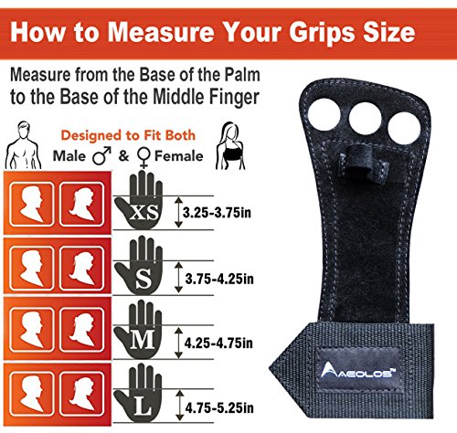 AEOLOS 3 Hole Leather Gymnastics Hand Grips with Wrist Wraps and Carry Bag, Small, Black