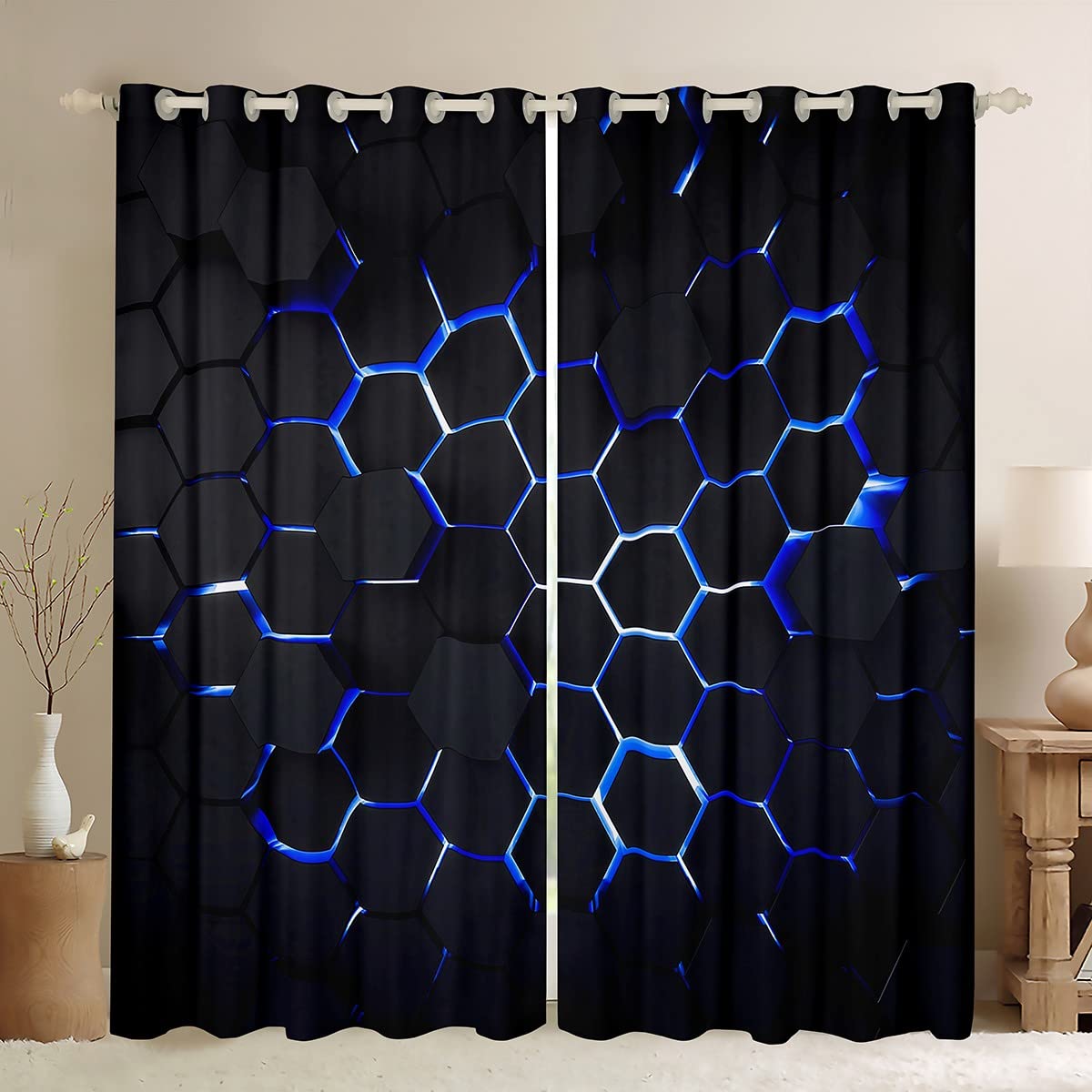 Homemissing Honeycomb Curtains for Bedroom Geometric Hexagon Window Treatment Dark Blue Ultra Soft Decor Window Drapes Geometrical Window Draperies for Kids Adults W46*L54
