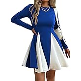 Mieazom Women’s Long Sleeve Fit and Flare Dress, Color Block A-Line Pleated Swing Mini Dress Elegant Crew Neck Casual Dresses