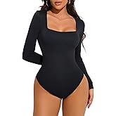 Athlemo Long Sleeve Bodysuits for Women Square Neck Sexy Ribbed One Piece Shirt Tops Tummy Control Bodysuits