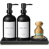 GMISUN Kitchen Soap Dispenser Set, 17 fl oz Dish Soap Dispenser with Ceramic Tray & Bamboo Brush for Kitchen, 2Pcs Matte Black Glass Hand and Dish Soap Dispenser Set, Refillable Soap Bottle Set