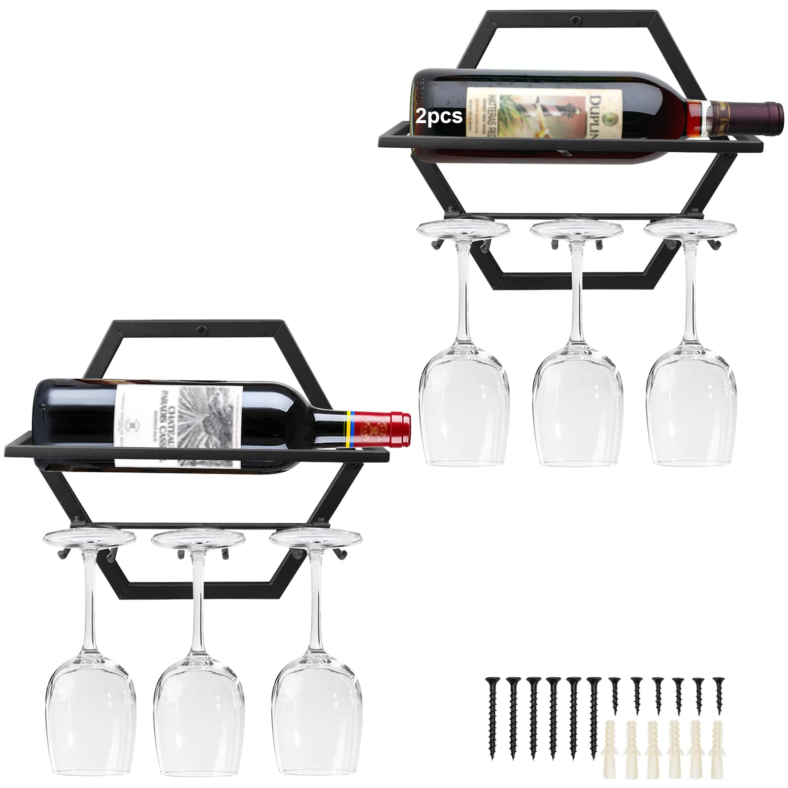 Giyiprpi 2Pcs Wall Mounted Wine Bottle Stemware Rack, Metal Hanging Wine Display Holder with 3 Stemware Glass Organizer, Red Wine Racks for Home Kitchen Bar Decor(AA)