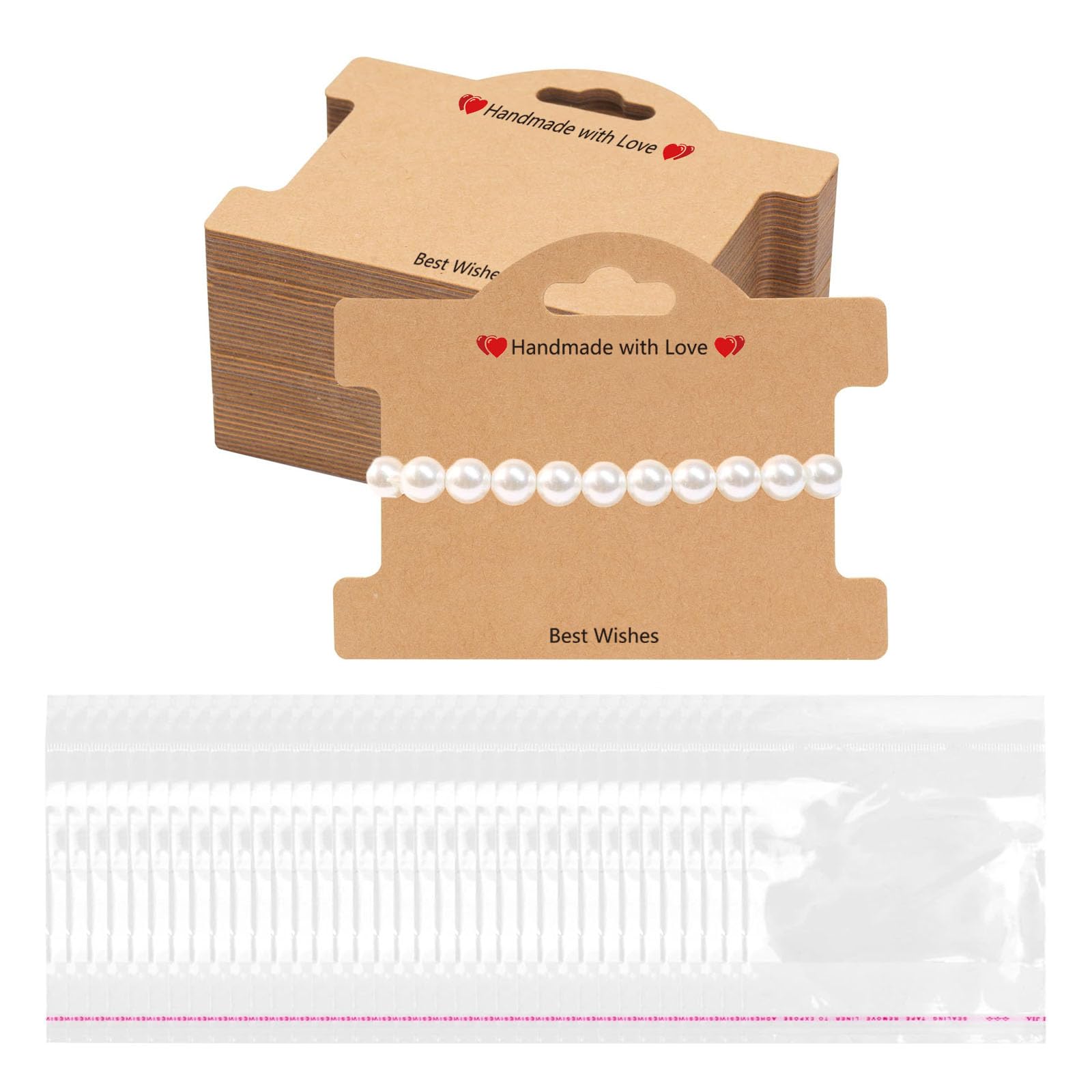 100Set Jewelry Display Cards, Bracelet Display Cards with Clear Bags for Small Business of Hair Ties, Bracelet, Necklace, Hair Scrunchies (Brown)