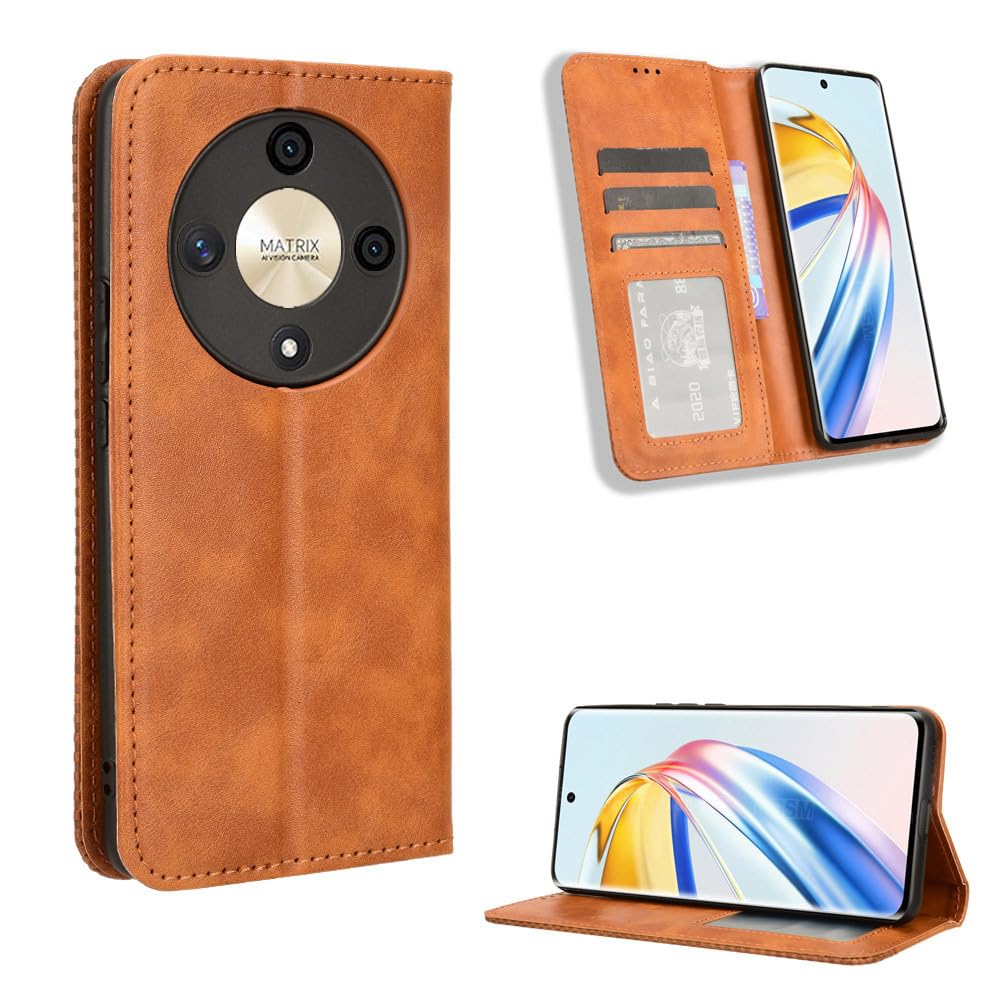 COMAKU Compatible with Honor X9b Case Leather - Flip Cover Protection magnetic Phone Case wallet with Card Holder - Brown