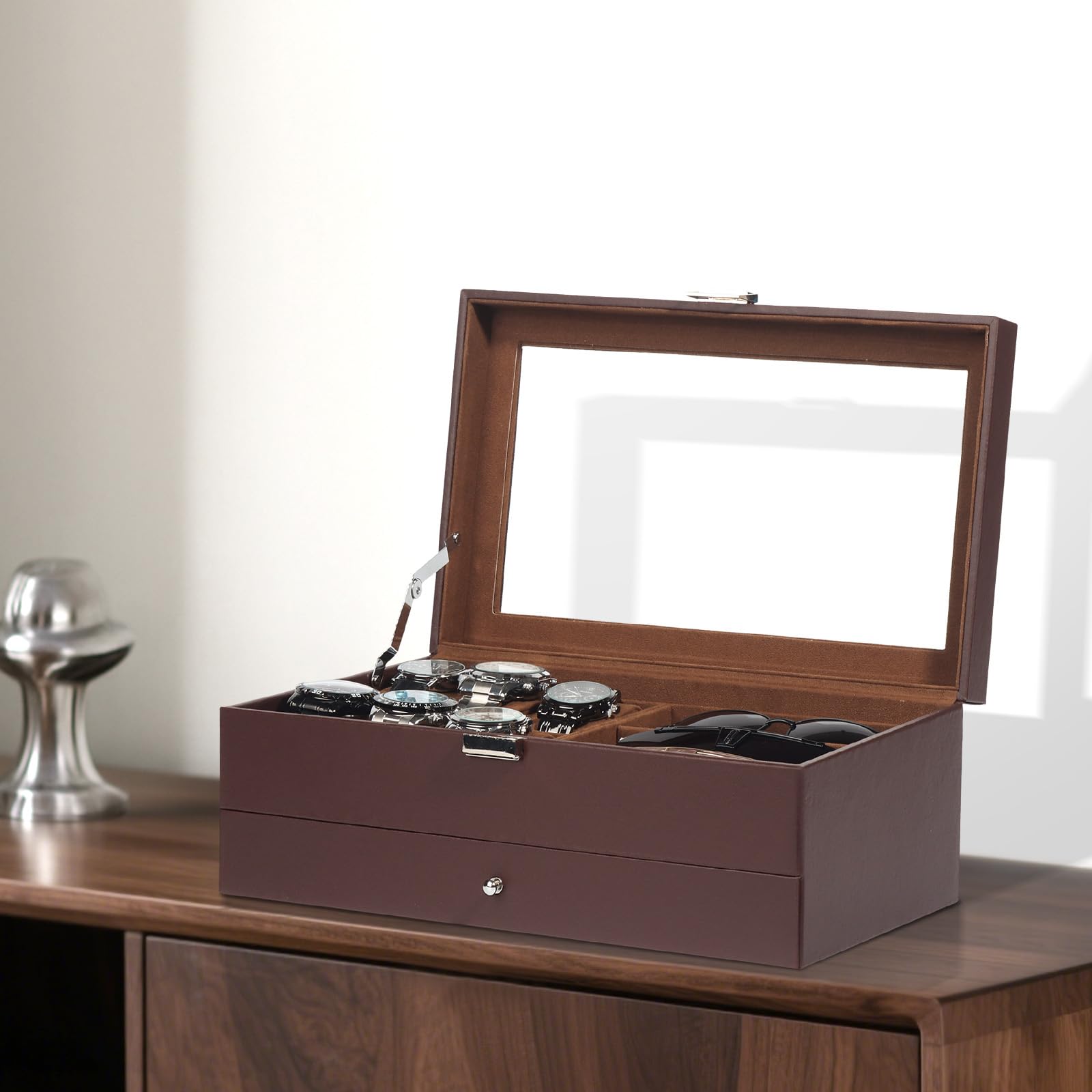 GLJ Jewelry Box for Men, 6 Slot Watch Box Jewelry Organizer With Drawer, Watch Case for Men with Large Window, 2-Layer Watch Holder, Sunglasses Storage Organizer, Velvet Lining, PU Leather, Gift Idea