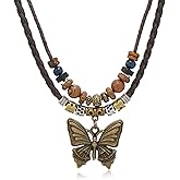 HETICA Boho Necklace for Women, Vintage Butterfly Necklace Adjustable Wooden Beads Layered Braided Necklace Fashion Tribal Style Leather Rope Necklace Jewelry