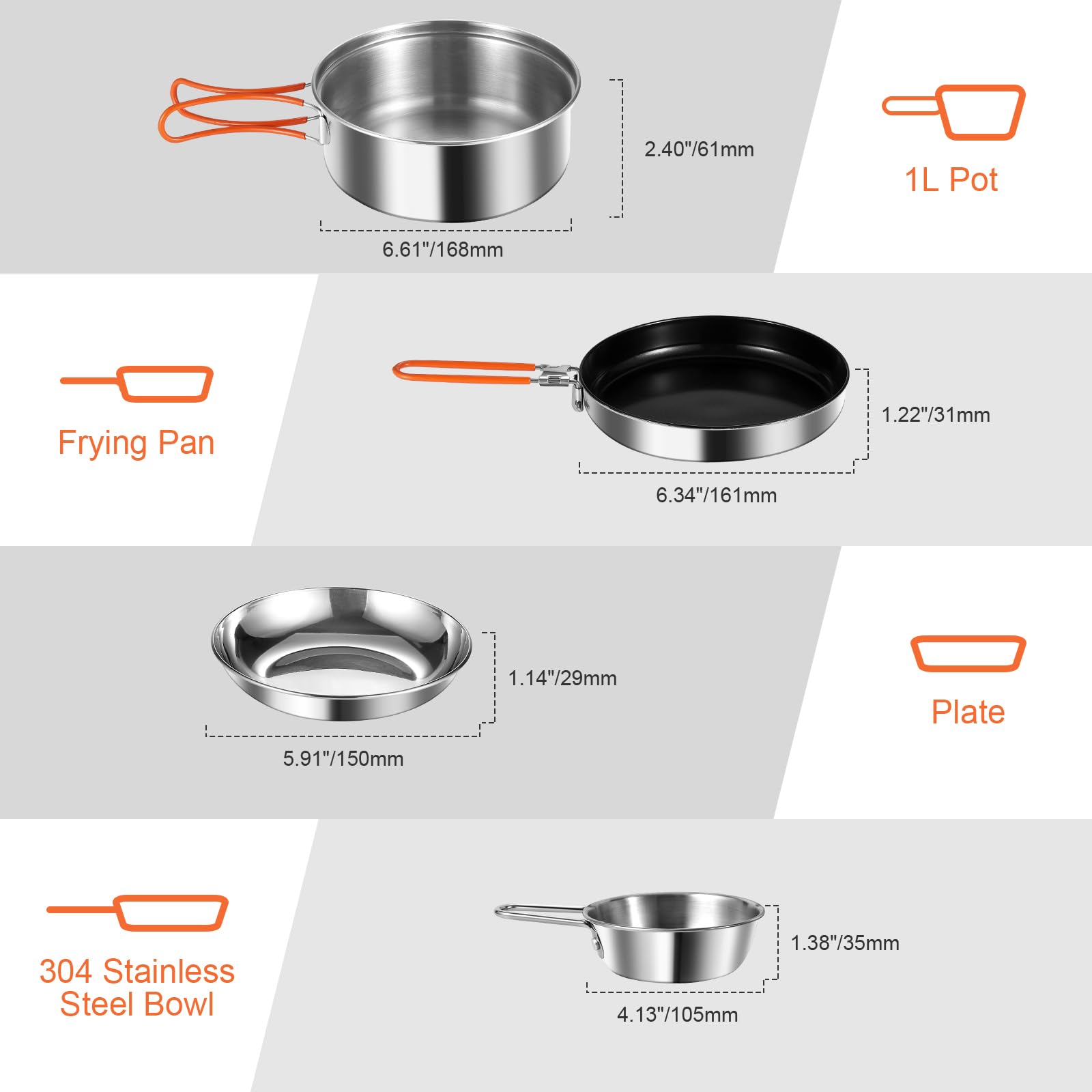 Odoland 10pcs Camping Geschirr Set mit klappbarem Campingkocher, keramisches Antihaft-Kochset mit Teller, Schüssel, Gabel, Messer, Löffel für Camping, Rucksacktourismus, Wandern und Picknicks 5