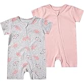 Teach Leanbh Unisex Baby 2 Pack Pajamas Cotton Short Sleeve 2 Way Zipper Printing Soild Romper Jumpsuit Sleep and Play