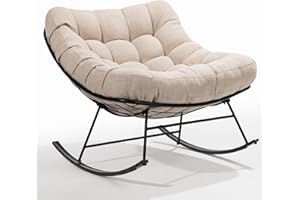 Bme Patio Rocking Chair Outdoor & Indoor, Metal Patio Lounge Rocking Chair with Thick Cushion, Comfy Modern Rocker Chair for Living Room, Porch, Backyard, Beige Cushion - Black Matte Rocker