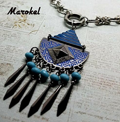 Mayan Temple Chain Maille Necklace Byzantine Weave Silver Turquoise Blue Enamel Paddle Fringe Dangles