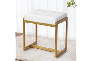 FLYZC Vanity Stool, Vanity Chair Stools for Makeup Room, Faux Leather Small Makeup Bench, Modern Gold Metal Legs Ottoman Foot Rest for Bedroom Living Room, White & Gold