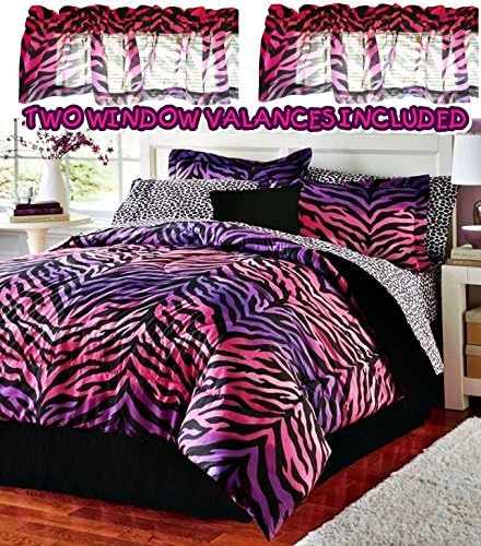 Pink &amp; Purple Ombre Zebra/Leopard Print Comforter &amp; Sheet Set + Toss Pillow and Two Window Valances (11pc FULL SIZE Ensemble)