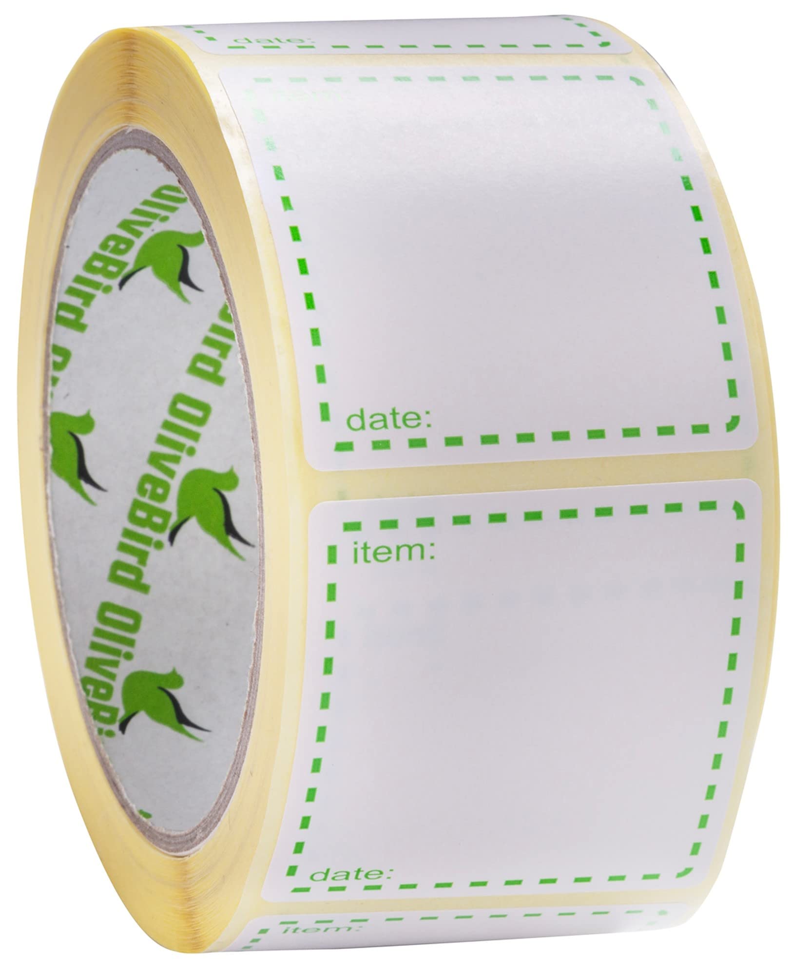 OliveBird 500 x Removable Labels On Roll, Size 50x50mm Square, White and Green Date Labels Use for Reusable Containers
