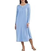 Ekouaer Women's Long Sleeve Nightgown Long Sleepshirt Henley Nightgowns Full Length Sleep Dress with Pockets S-3XL