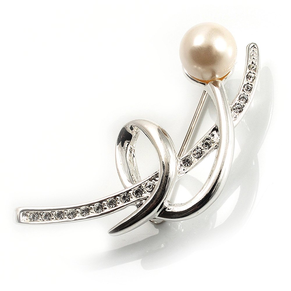Silver Tone Imitation Pearl Floral Brooch