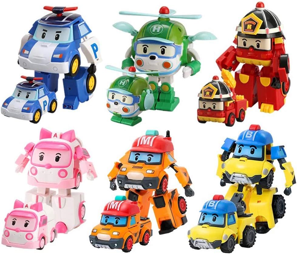 HuiHai 6 Pieces Robocar Poli Transformation Robor Fire Engine Police Car Haili Ambulance Truck Figure Playsets Toys