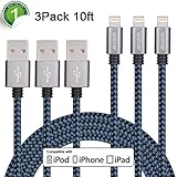 Xcords(TM) 3Pack 10FT Lightning to USB Cable with 8 Pin Connector Compatible with iPhone 7/7 Plus/6/6 Plus/6s/6s Plus /5/5s/5c/iPad/iPod and More(Black&Blue)