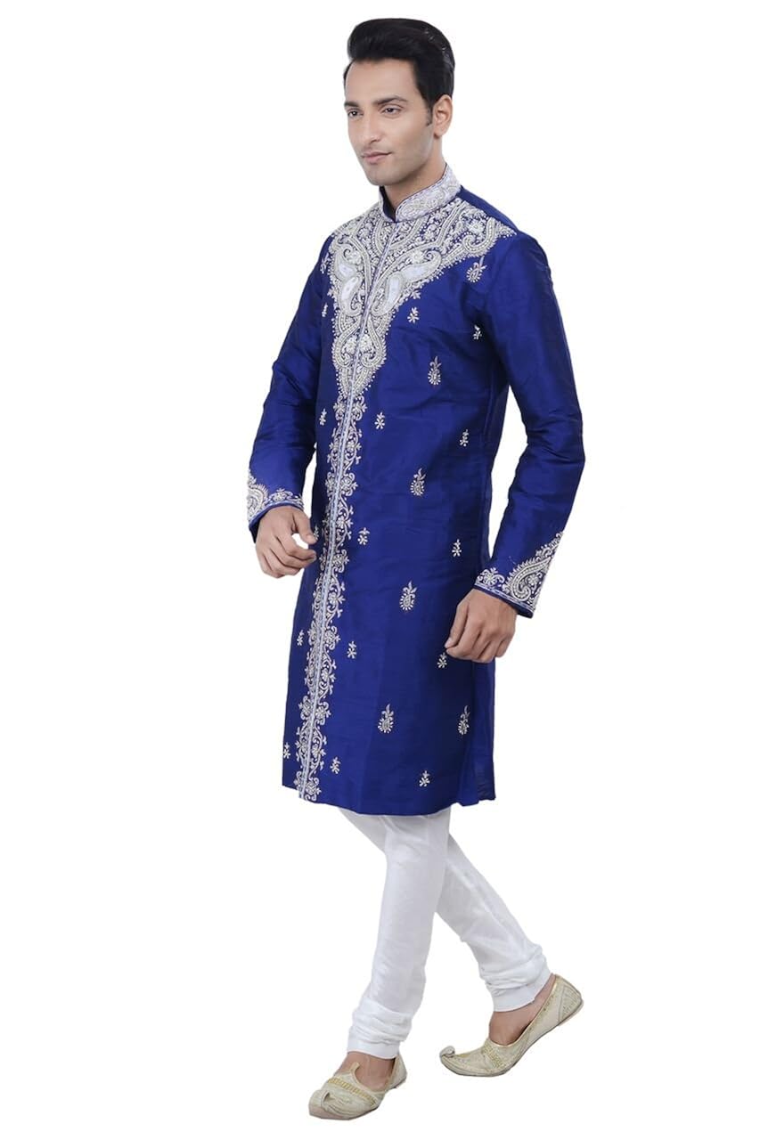 ethnic indian design royal blue kurta sherwani for men 2pc suit