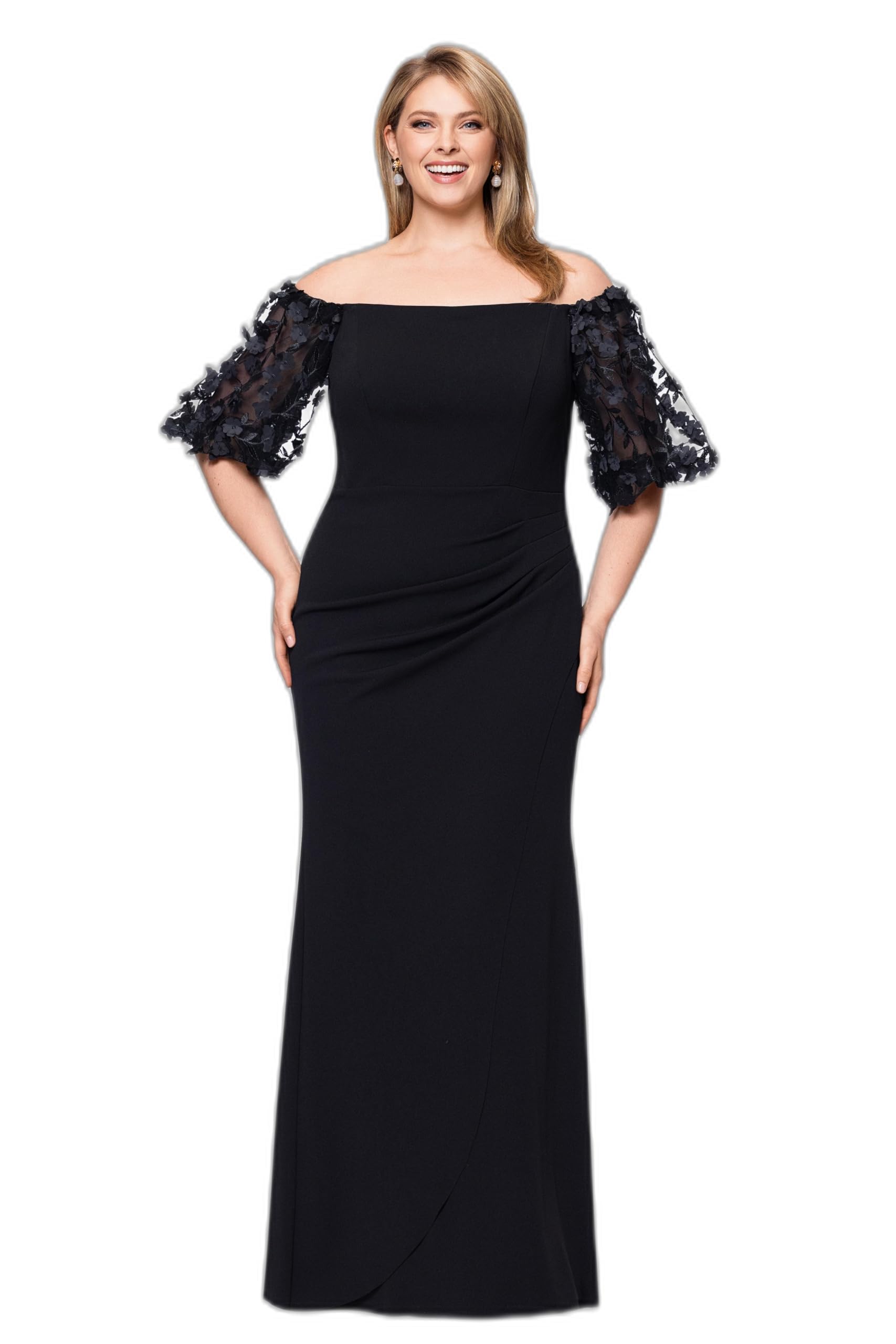 Photo 1 of Xscape Women's Plus Size Long Illusion Sleeve Off The Shoulder Dress, Black, 16W