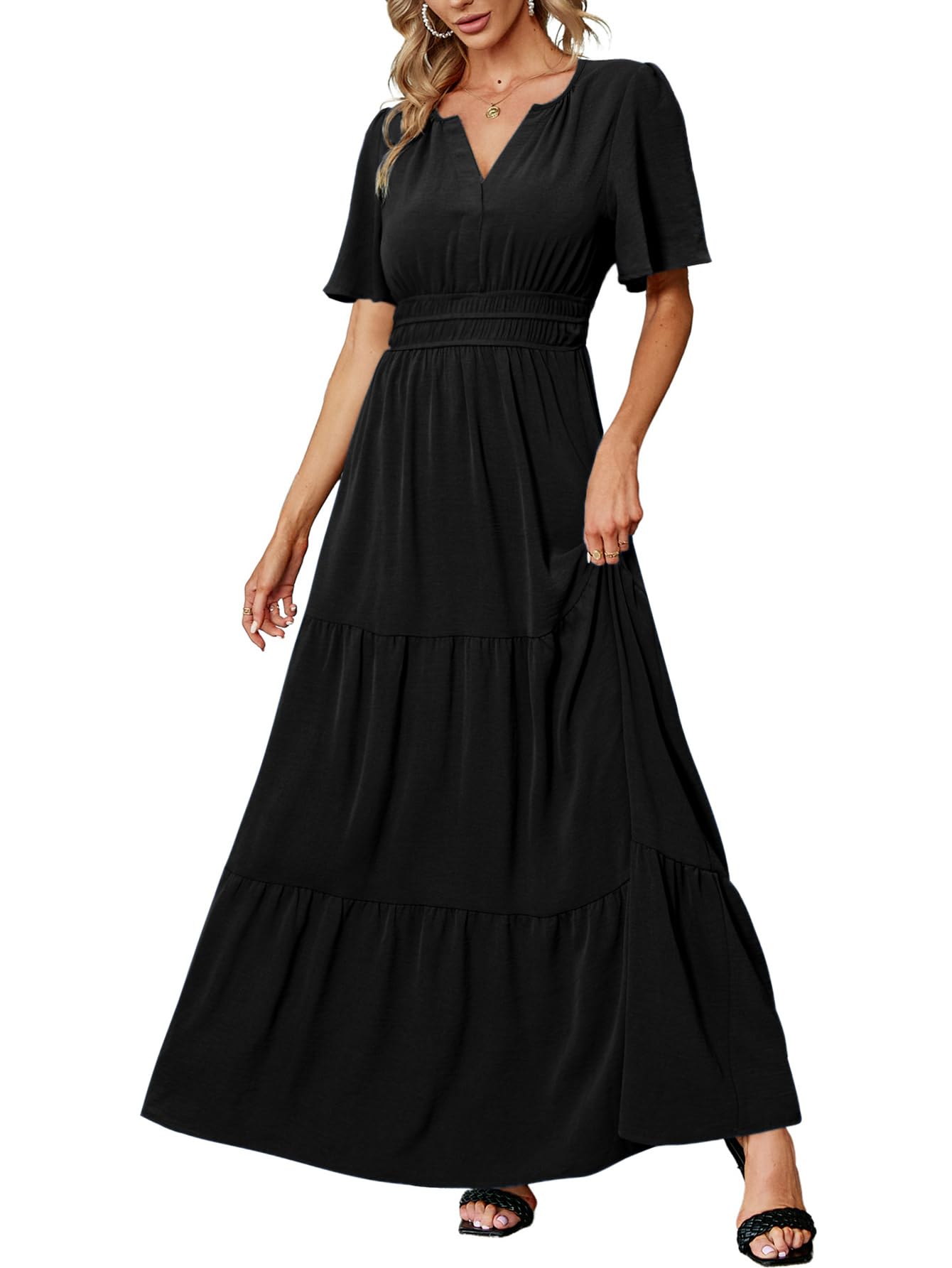Amegoya Women's V Neck Formal Maxi Dress A-line Casual Short Sleeve Dress Empire Waist Long Wedding Guest Dresses (Black XXL) Image