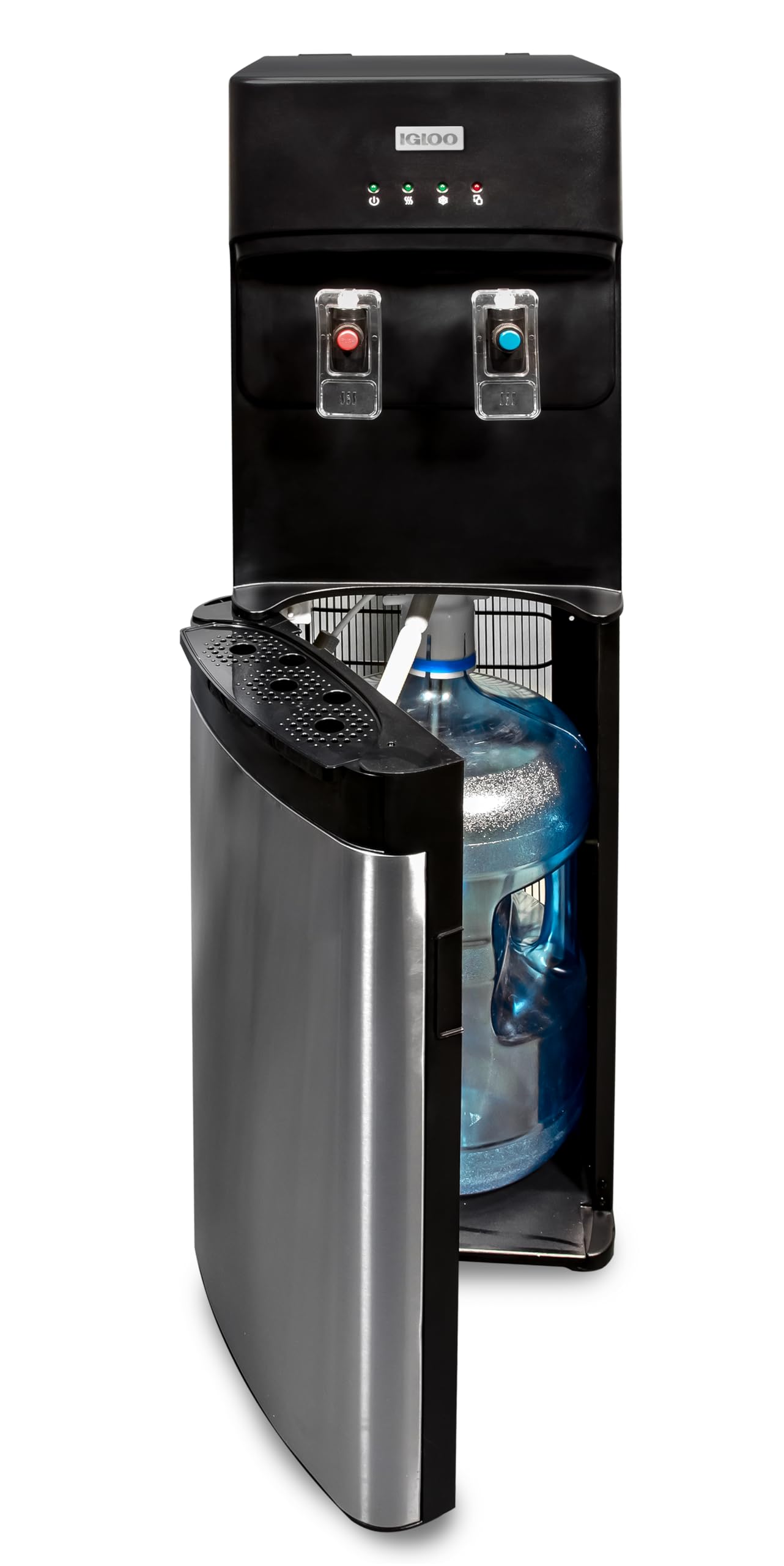Photo 1 of **DOOR HINGE BROKEN**Igloo Bottom Loading Water Cooler – Hot & Cold Dispenser – Black & Stainless Steel, Holds 3 & 5 Gallon Jugs, Child Safety Lock – for Homes, Kitchens, Offices, Dorms